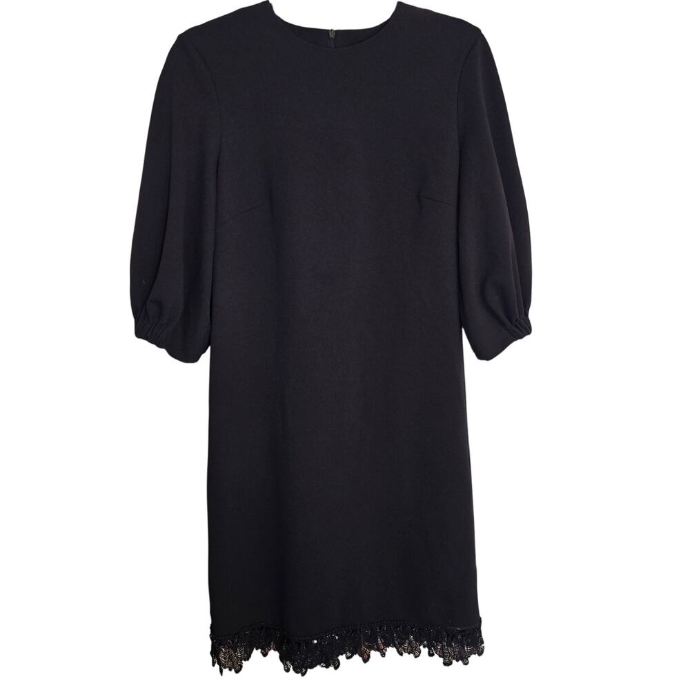 Tibi Black Crepe Puff-Sleeve Dress with Lace Fringe Hem & Corset Back Size 6